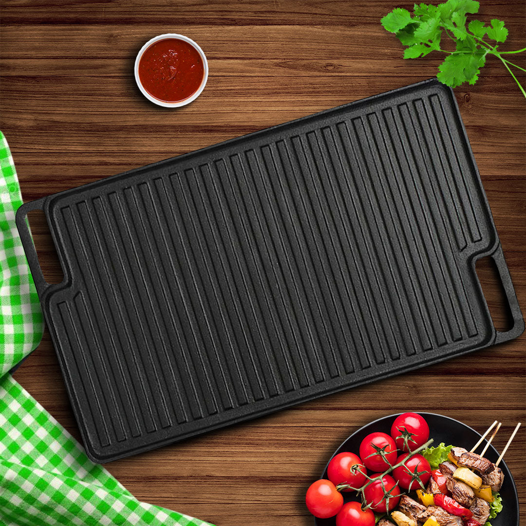 NNEAGS 45cm Rectangular Cast Iron Portable Fry BBQ Grill Plate Cooking Pan Tray with Handle