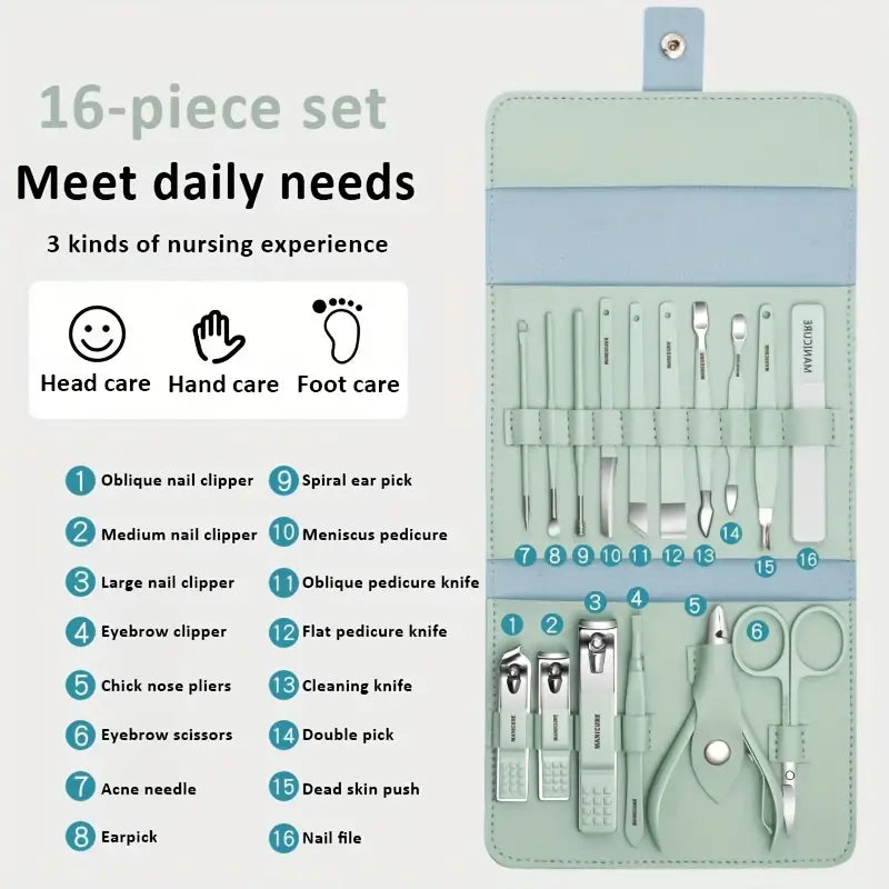 NNETM 12/16 Pcs Manicure Pedicure Facial Set With Leather Case