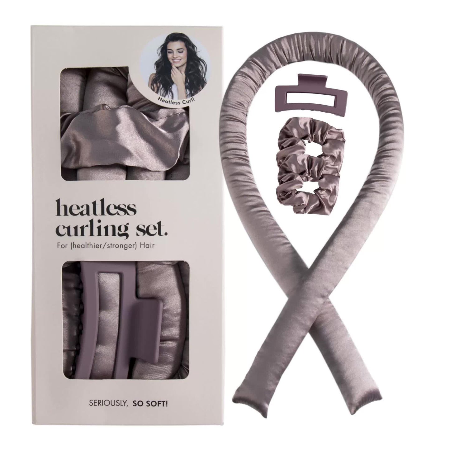 NNEDSZ 5PCS Light Brown Heatless Hair Curling Set with Scrunchie and Hair Clip - Silk Curling Ribbon