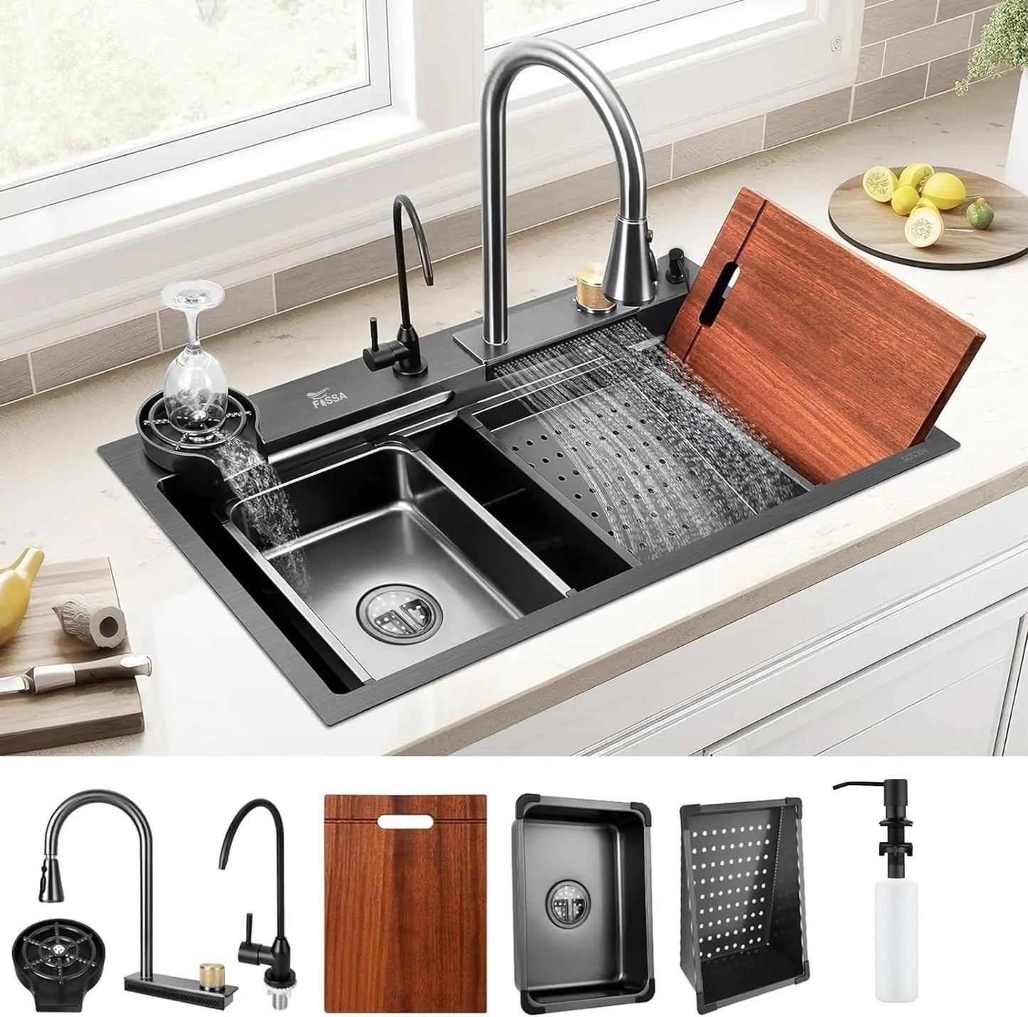 Fossa 32"x18"x10" inch Single Bowl Premium Waterfall Kitchen Sink Honeycomb Embossed Sink with White Nano Coating, Stainless Steel, Rectangular Workstation, Faucet With All Accessories.