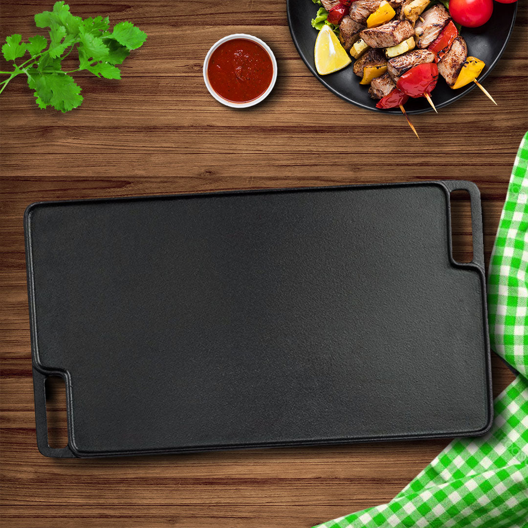 NNEAGS 45cm Rectangular Cast Iron Portable Fry BBQ Grill Plate Cooking Pan Tray with Handle