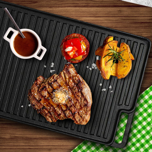 NNEAGS 45cm Rectangular Cast Iron Portable Fry BBQ Grill Plate Cooking Pan Tray with Handle