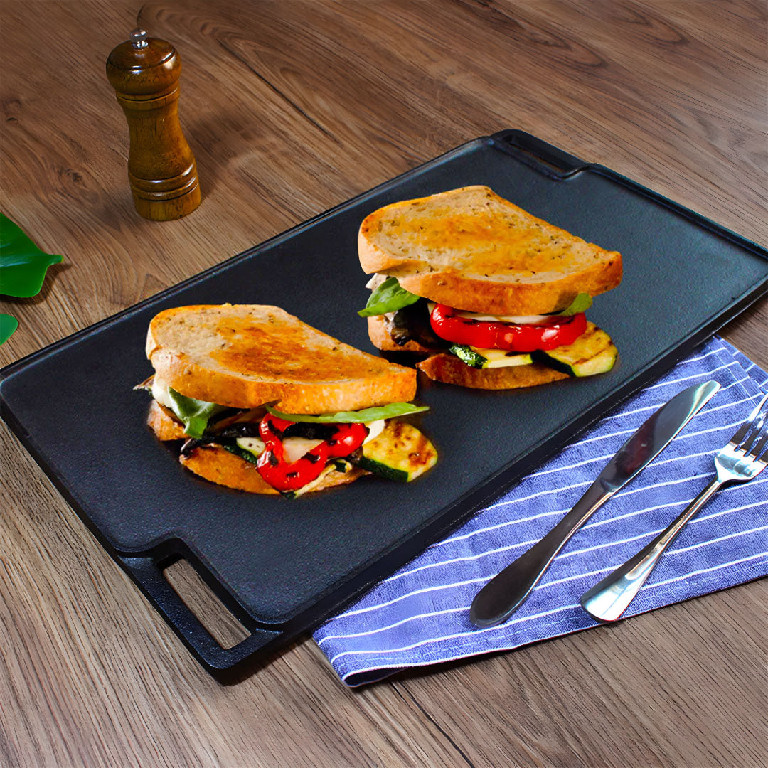 NNEAGS 45cm Rectangular Cast Iron Portable Fry BBQ Grill Plate Cooking Pan Tray with Handle