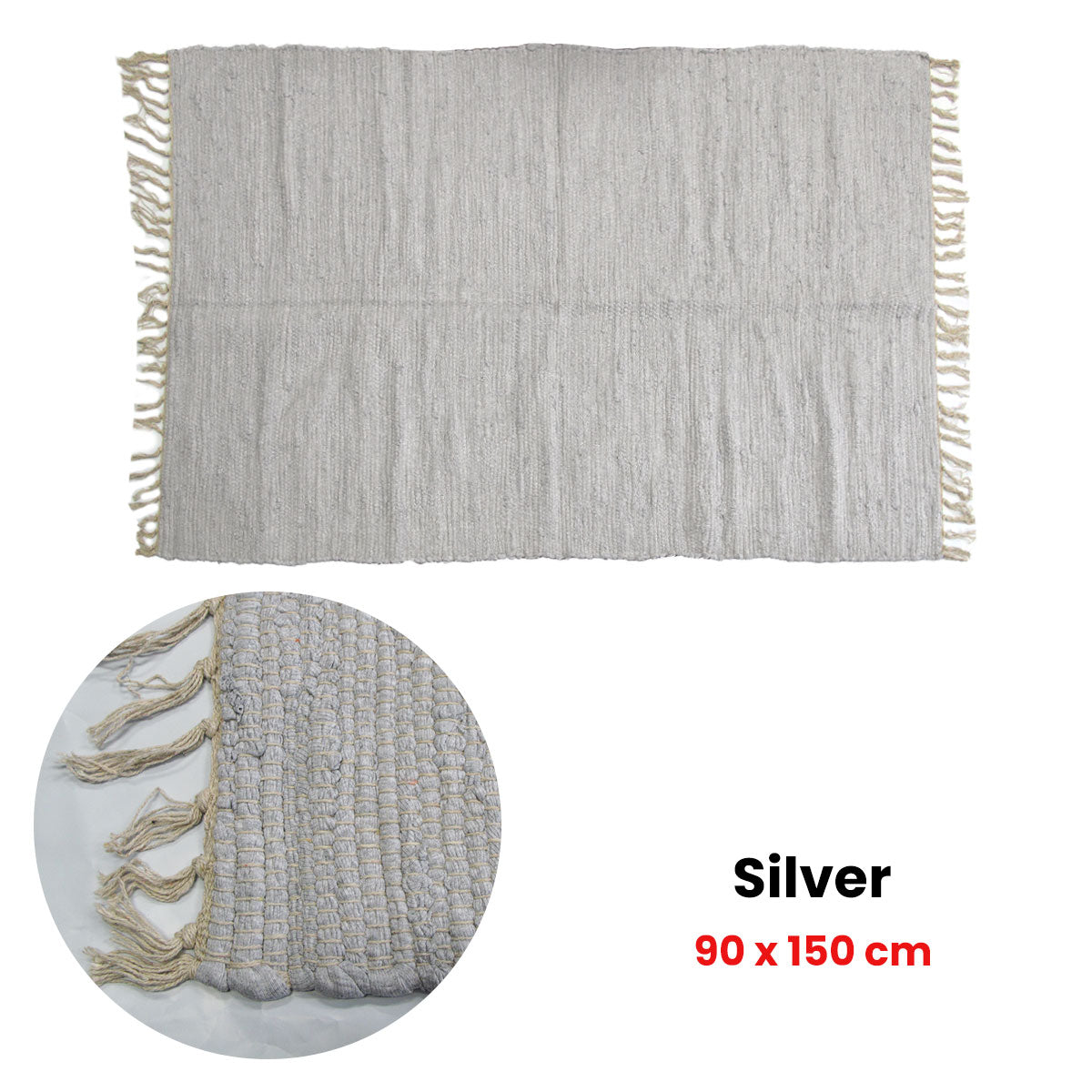 NNEDSZ Large Chindi Cotton Handmade Floor Mat with Tassels 90 x 150 cm Silver