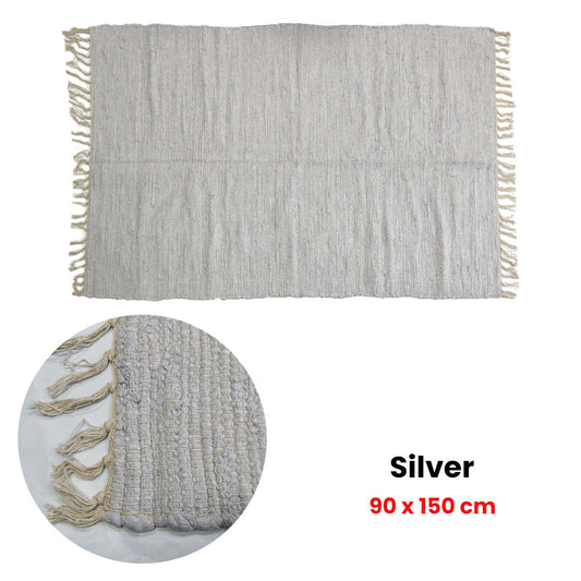 NNEDSZ Large Chindi Cotton Handmade Floor Mat with Tassels 90 x 150 cm Silver