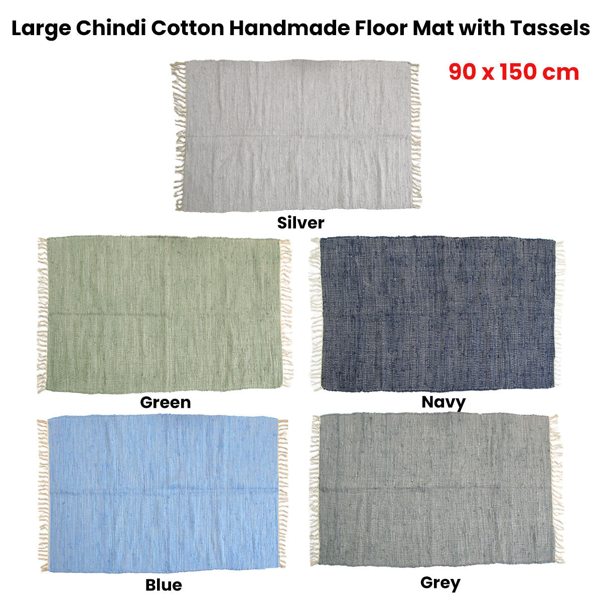 NNEDSZ Large Chindi Cotton Handmade Floor Mat with Tassels 90 x 150 cm Silver