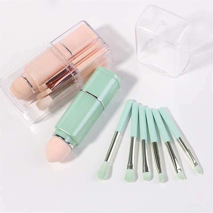 NNEDSZ Green 8-in-1 Retractable Mini Makeup Brush Set with Protective Cover - Compact Design for Travel and On-the-Go Touchups