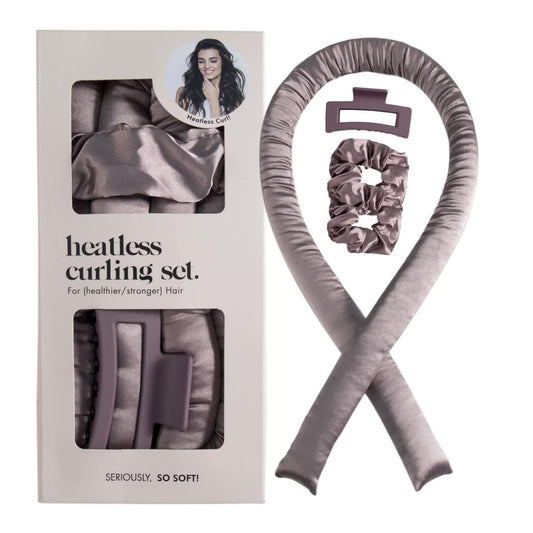 NNEDSZ 5PCS Light Brown Heatless Hair Curling Set with Scrunchie and Hair Clip - Silk Curling Ribbon